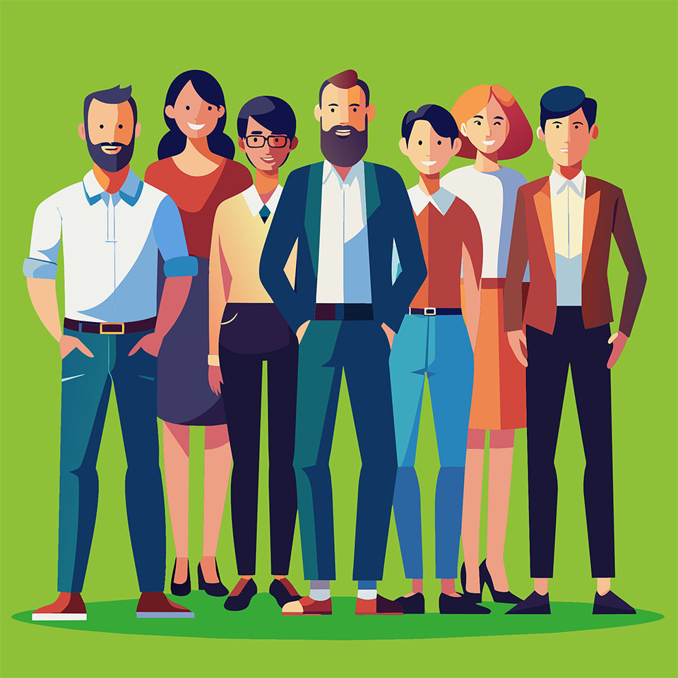 Eine Gruppe von Menschen steht zusammen und lächelt in die Kamera.