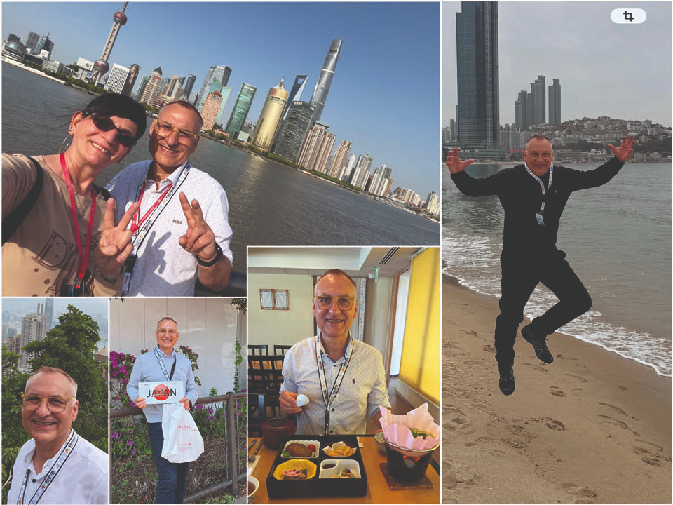Uwe Misch auf verschiedenen Reisefotos: vor einer Skyline am Wasser, als Porträt, mit Einkaufstasche, beim Essen und springend am Strand.